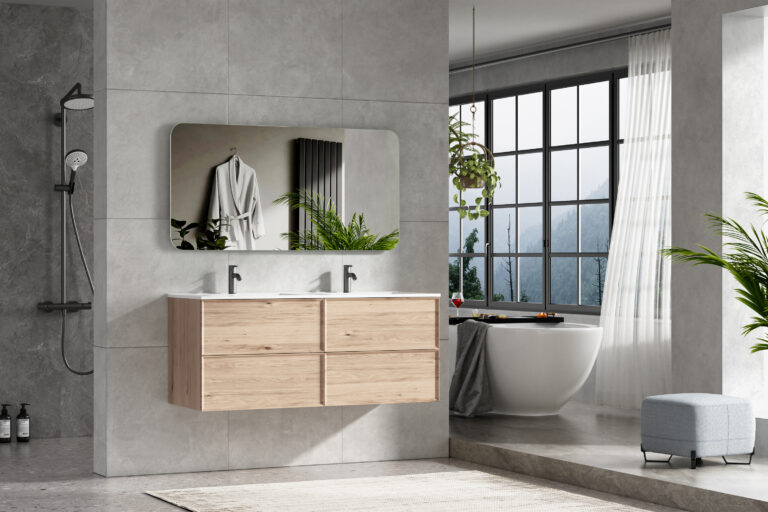 Double Sink Oak Floating Bathroom Vanity