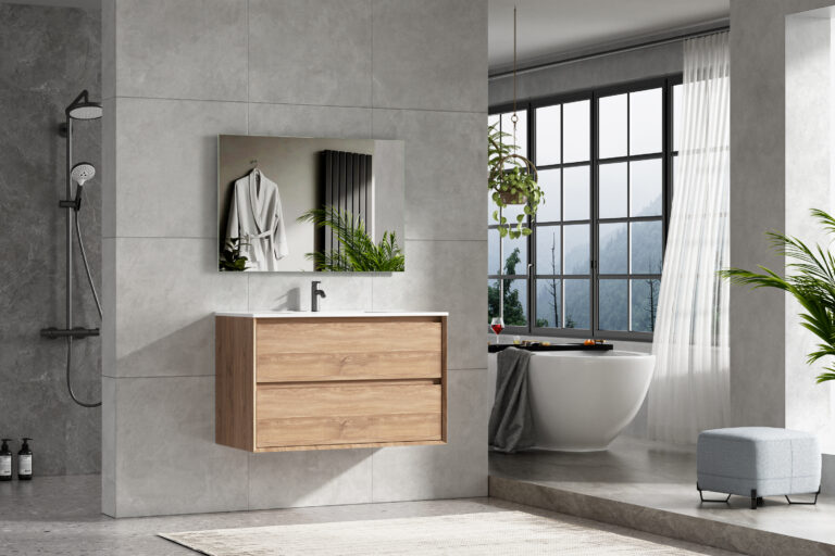 Single Sink Oak Floating Bathroom Vanity with Double Drawers