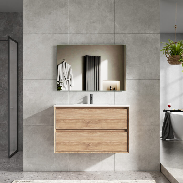 Single Sink Oak Floating Bathroom Vanity with Double Drawers