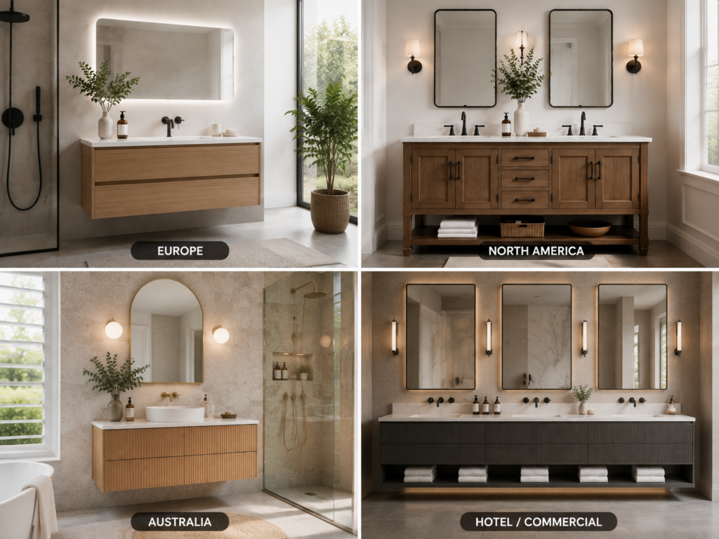 Bathroom vanity styles for Europe North America and Australia markets