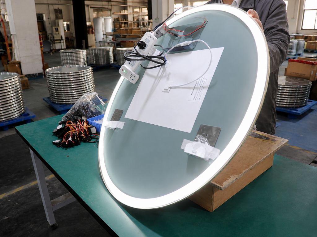LED bathroom mirror power-on and lighting function test
