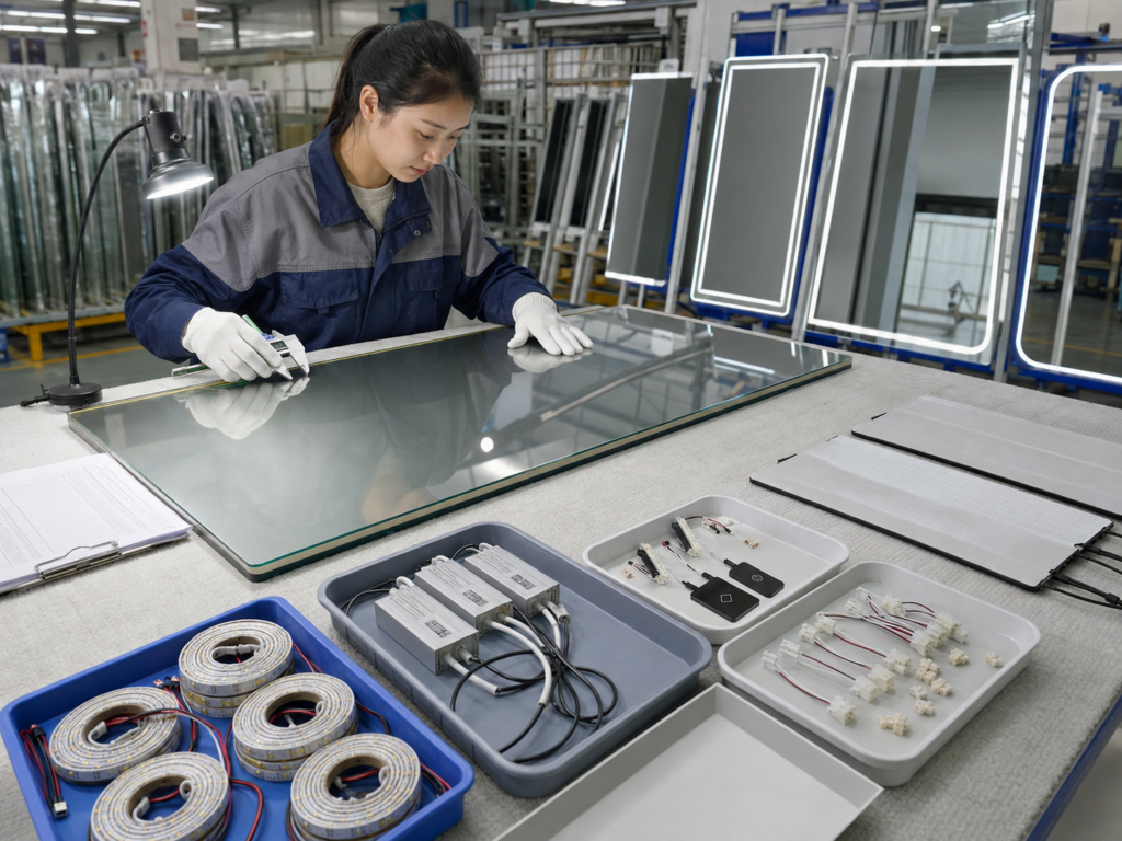 LED bathroom mirror raw material and electronic component inspection