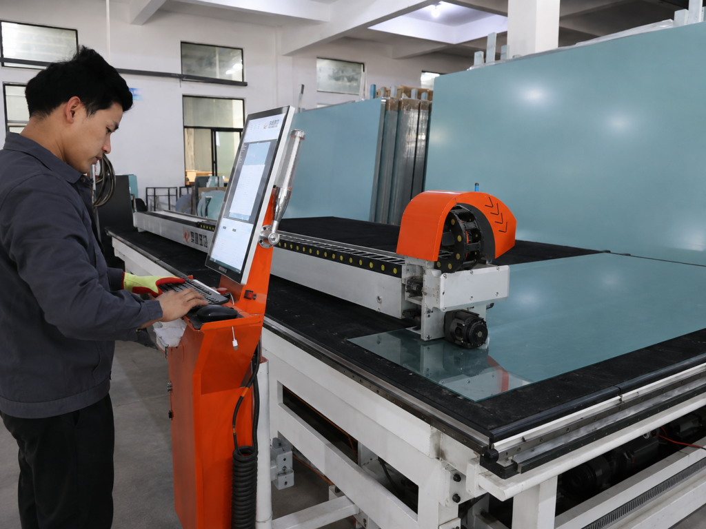 Bathroom mirror glass cutting process in factory
