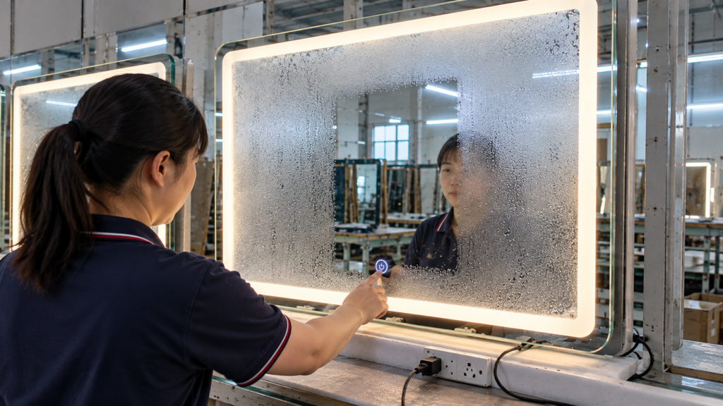 Anti-fog LED bathroom mirror function testing in factory showroom