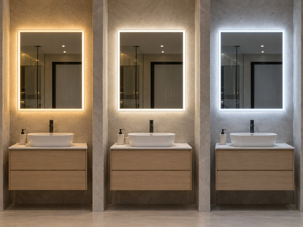 LED bathroom mirror with three colour temperatures
