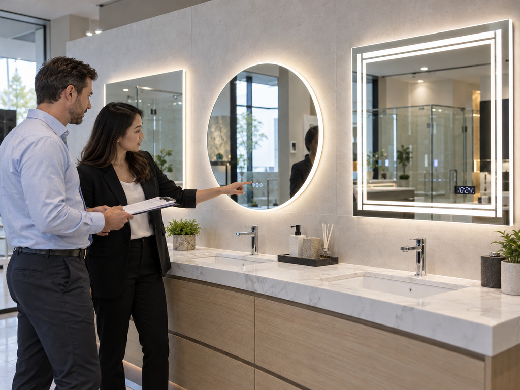 Wholesale buyers comparing LED bathroom mirror features in a showroom